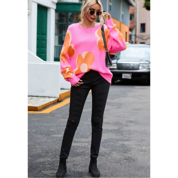 Pink and Orange Large Flower Pattern Slouchy Oversized Sweater - Picture 5 of 9